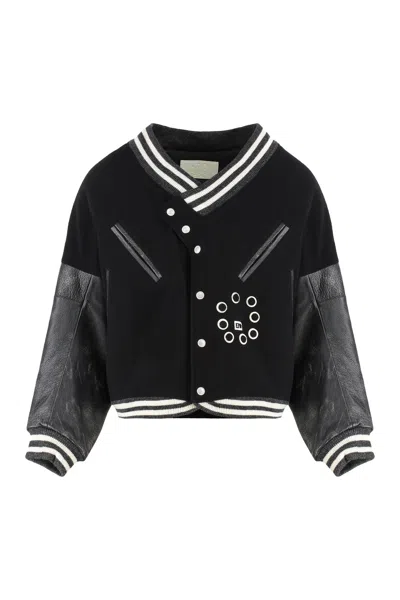 Ezr Varsity Leather-trim Cotton Bomber Jacket In Black