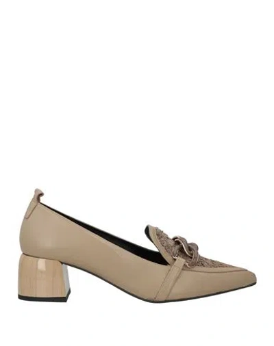 Ezzio Woman Loafers Khaki Size 11 Leather, Textile Fibers In Beige