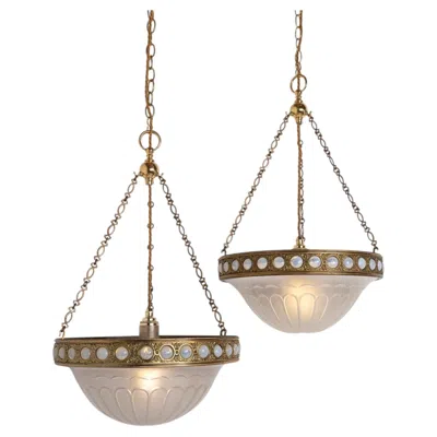 Pre-owned F. & C. Osler Rare Pair - Osler Satin Crystal Bowl Plafonniers In Opalescent Inset Brass Rings In Sand