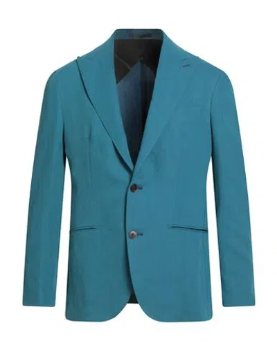 F839 Born In Napoli Man Blazer Turquoise Size 44 Linen, Cotton In Blue