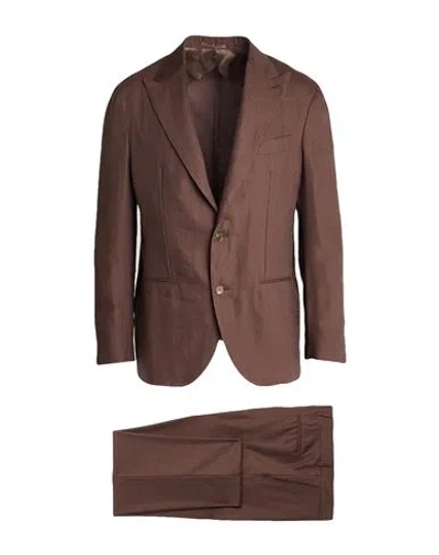 F839 Born In Napoli Man Suit Chocolate Brown Size 44 Linen, Virgin Wool