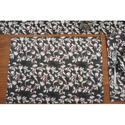 Fabdivine 13x19 Inch Boho Accent Placemat, Floral Print, (pushp Varsha, Black)