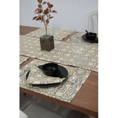 Fabdivine 13x19 Inch Duck Canvas Placemat, Block Print 6 Kamal, Green