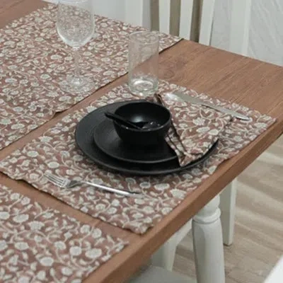 Fabdivine 13x19 Inch Hand Block Floral Print Table Placemat, Brown