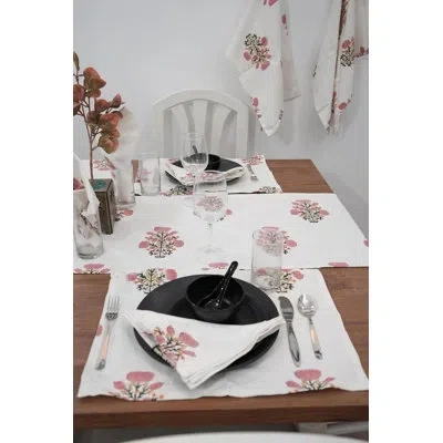 Fabdivine 13x19 Inch Handmade Block Print Pink Floral Cotton Table Placemats, Swadesh