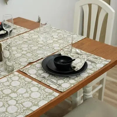 Fabdivine 13x19 Inch Vintage Block Print Placemat, (rajat, Green) Duck Canvas