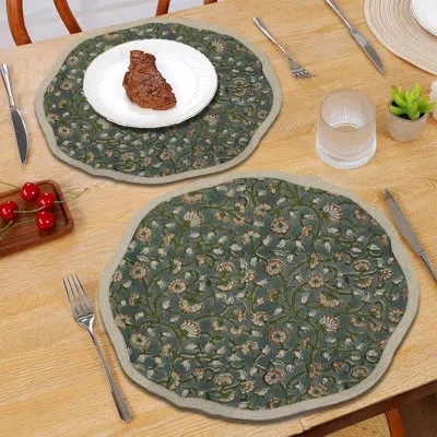 Fabdivine 15"classic Scalloped Placemat Set - Tulsi Buti In Blue