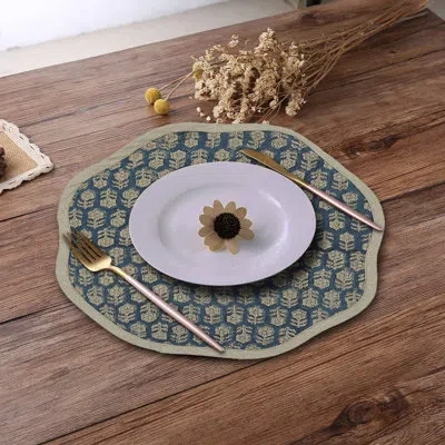 Fabdivine 15"classic Scalloped Placemat Set - Tulsi Buti In Blue