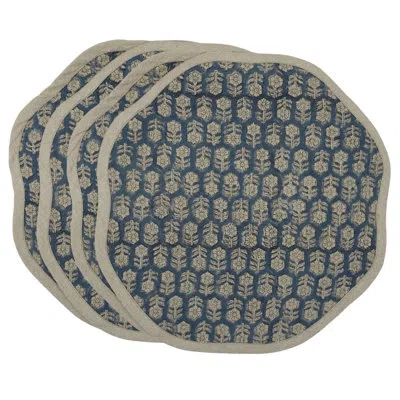 Fabdivine 15"classic Scalloped Placemat Set - Tulsi Buti In Blue