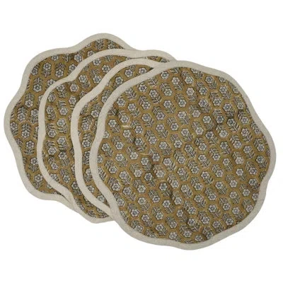 Fabdivine 15"luxe Scalloped Table Mats - Tulsi Buti In Brown