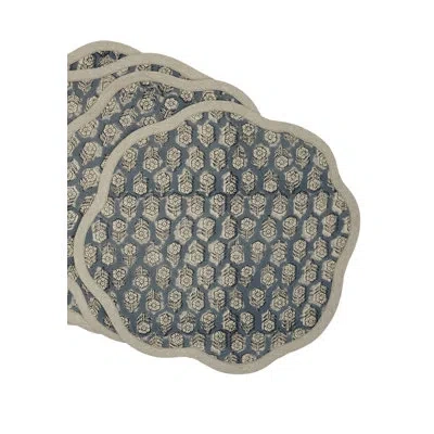 Fabdivine 15"scalloped Allure Dining Mats - Tulsi Buti In Blue