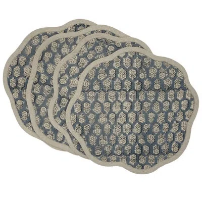 Fabdivine 15"scalloped Allure Dining Mats - Tulsi Buti In Blue