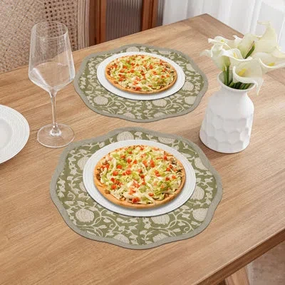 Fabdivine 15"sophisticated Scalloped Placemats - 6 Kamal In Green
