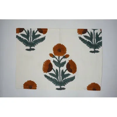 Fabdivine 18x18 Inch Cotton Orange Floral Handcrafted Napkin Dining Deccorative, Badshah Print In Green;orange