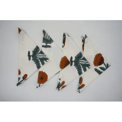 Fabdivine 18x18 Inch Cotton Orange Floral Handcrafted Napkin Dining Deccorative, Badshah Print In Green;orange