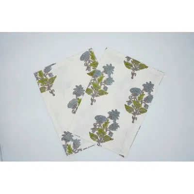 Fabdivine 18x18 Inch Floral Block Print Napkin With Traditional Abhisek In Blue;green