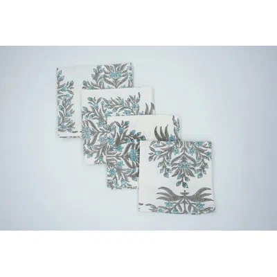 Fabdivine 18x18 Inch Napkin - 100% Cotton With Traditional Floral Block Print, Vrindavan, Blue