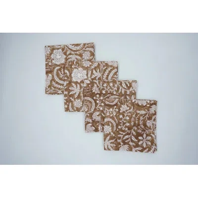 Fabdivine 18x18 Inch Table Napkin With Block Print – Perfect For All Occasions, Kundanvan, Brown