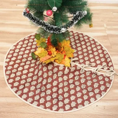 Fabdivine 24" Diameter Natural Linen Tree Skirt With Hand Block Printed Motifs Christmas Tree Base Cover For R In Brown