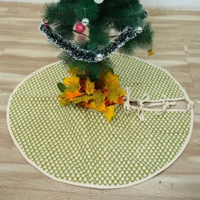 Fabdivine 24-inch Block Print Cotton Christmas Tree Skirt Handcrafted, Natural Fiber Holiday Décor For Rustic  In Green