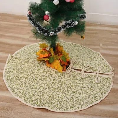 Fabdivine 24-inch Diameter Handmade Block Print Cotton Christmas Tree Skirt Rustic Holiday Decor In Natural Co In Green