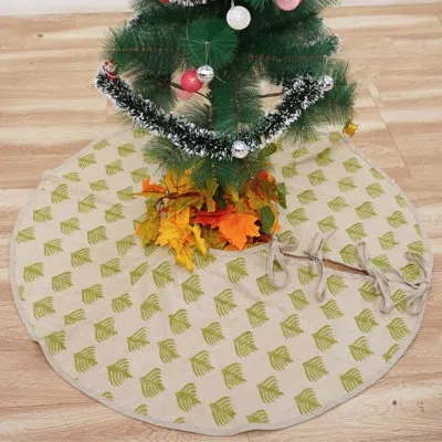 Fabdivine 24-inch Diameter Handmade Block Print Cotton Christmas Tree Skirt Rustic Holiday Decor In Natural Co In Green