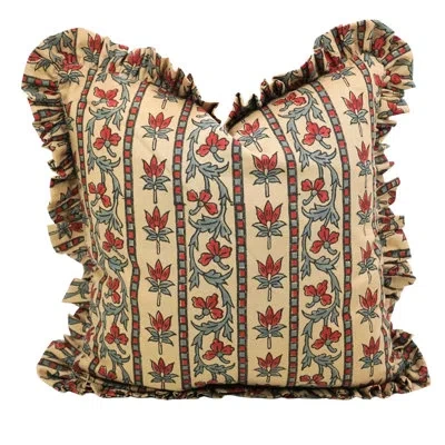 Fabdivine Artisan Block Printed Frill Cushion Cover Reversible Coloured  Linen Pillow With Elegant Ruffled Edg In Green;rad