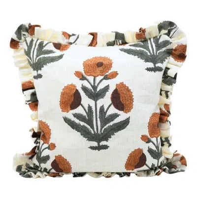 Fabdivine Artisan Handmade Frill Cushion Cover Block Print Linen Decorative Pillow For Living Room- Badshah In Gray;orange