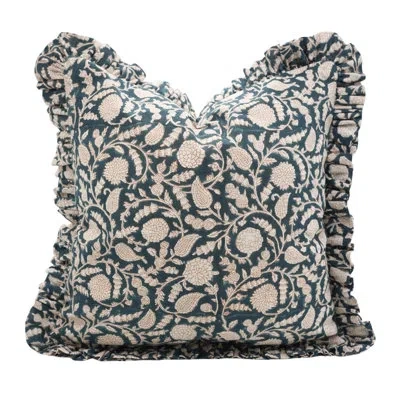 Fabdivine Artisan Linen Frill Cushion Cover Handmade Decorative Pillow For Sofa, Bed, Or Lounge- Gopi In Dark Blue