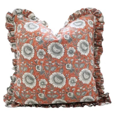 Fabdivine Artisan Linen Frill Cushion Cover Handmade Decorative Pillow For Sofa, Bed, Or Lounge- Sun Flower In Orange,terracotta,white,dark Gray
