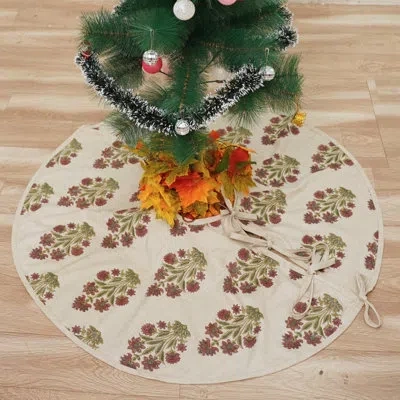 Fabdivine Artisan-made 24-inch Linen Christmas Tree Skirt Featuring Intricate Hand Block Print Patterns Eco-fr In Brown-green