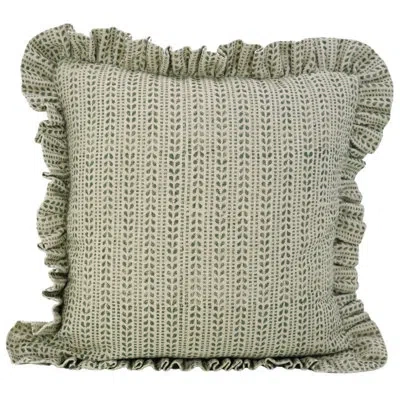 Fabdivine Block Print Both Side Green Ruffled Pillow Cover, Linen, Ratanbel