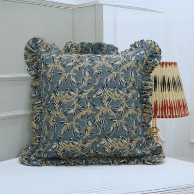 Fabdivine Block Print Double Side Floral Frill Pillow Cover For Sofa And Couch, Blue In Blue;black;yellow