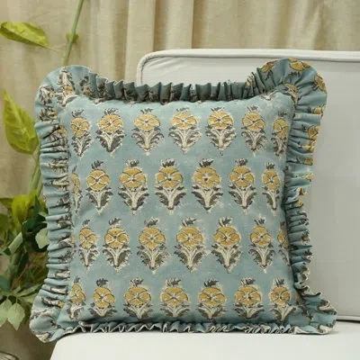 Fabdivine Block Print Duck Canvas Frill Pillow Cover, Spring Summer (mor Mukut, Blue)