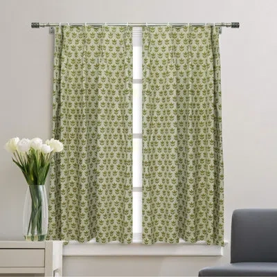 Fabdivine Block Print Floral Plated Curtain Use For Bed And Living Room, 7 Patti In Brown;green