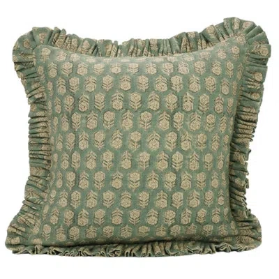 Fabdivine Block Print Handmade Frill Pillow Cover, Linen Floral Printed In Green Floral,block Print