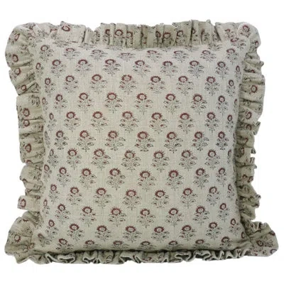 Fabdivine Block Print Linen Frill Pillowcase Cushion Cover, Spring Summer, Throw Frill (bagru Buti, Rust) In Green