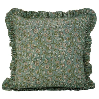 Fabdivine Block Print Pure Linen Frill Throw Frill Pillow Cushion Cover (himachal, Green)