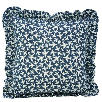 Fabdivine Blue Off White Linen Frill Double Side, Block Print Pillow Cover In Blue;white
