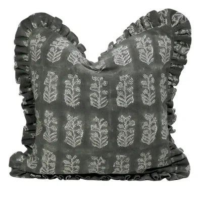 Fabdivine Boho Frill Cushion Cover Handmade Linen Cushion With Vintage Block Print Design- Inderdhanush In Dark Gray