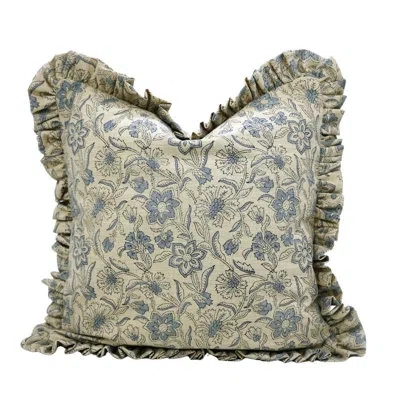 Fabdivine Boho Frill Cushion Cover Handmade Linen Cushion With Vintage Block Print Design- Jarul In Light Blue