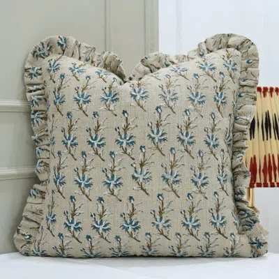 Fabdivine Both Side Frill Decorative Blue Linen Fabric, Block Print, In Blue;brown