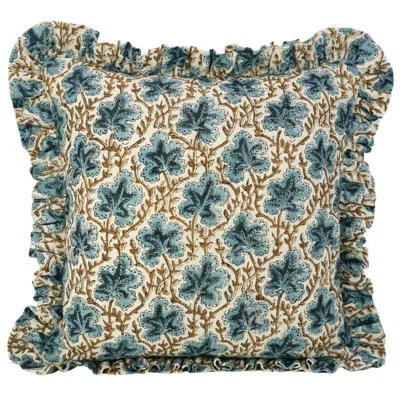 Fabdivine Both Side Frill Pillow Cover, Off White Linen Block Print Pushp Samita In Blue,brown