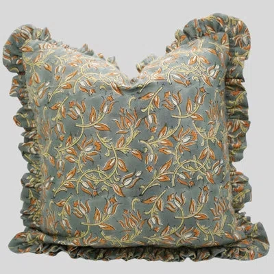 Fabdivine Both-side Frill Pillow Cover Handmade Hand Block Printed Linen Decorative Cushion- Kamal Dutta In Orange Gray