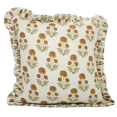 Fabdivine Cotton Fabirc Handmade Block Print, Brunt Orange, Frill Pillow Cover In Green;orange