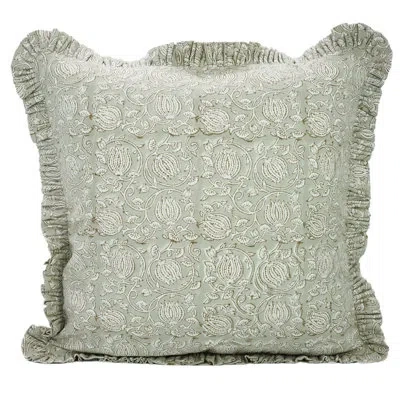Fabdivine Cotton Handmade Fall Decoration Pillow Cover, Gray Frill, Ruffled Pillow Cover In Green