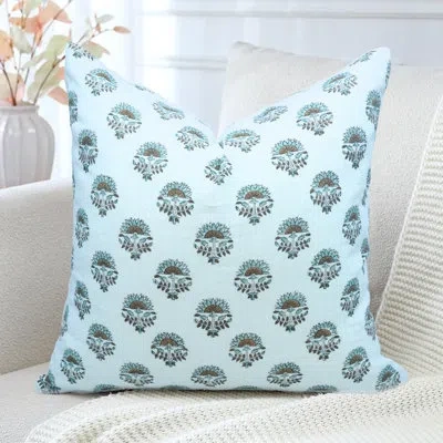 Fabdivine Decorative Block Print Pure White Linen Pillow Cover – Boho Throw Cushion Cover For Sofa, Bed & Home In Blue