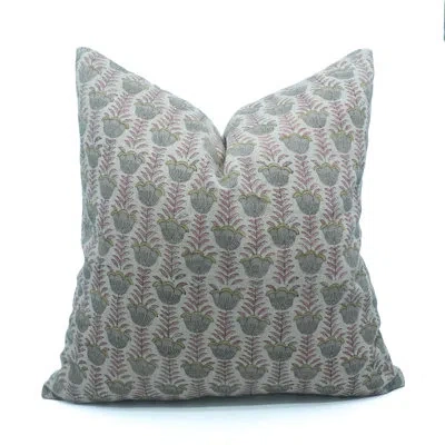 Fabdivine Decorative Handmade Block Print Thick Linen Pillow Cover – Boho Style Cushion Case- Lotus, Pink In Gray