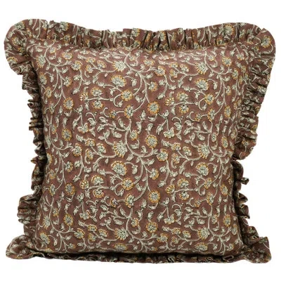Fabdivine Decorative Pure Linen Fabric Frill Block Print Pillow Cover, Brown, Himachal In Brown;orange