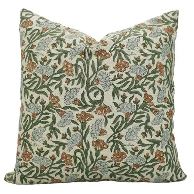 Fabdivine Decorative Throw Floral Pillow Cover Soft, Durable Accent Cushion For Sofa Or Living Room, Varmala In Brown,green Floral,block Print